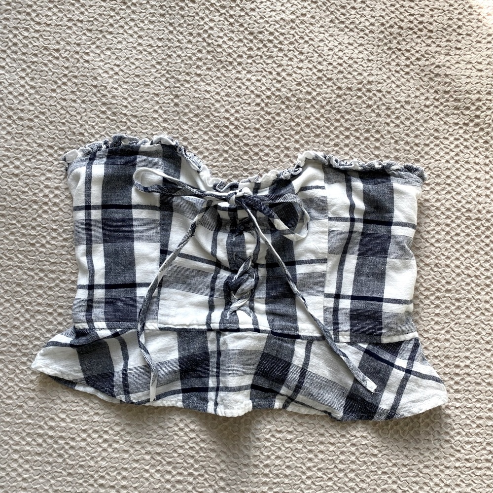 American Eagle Lace Up Tube Top - White & Black Plaid